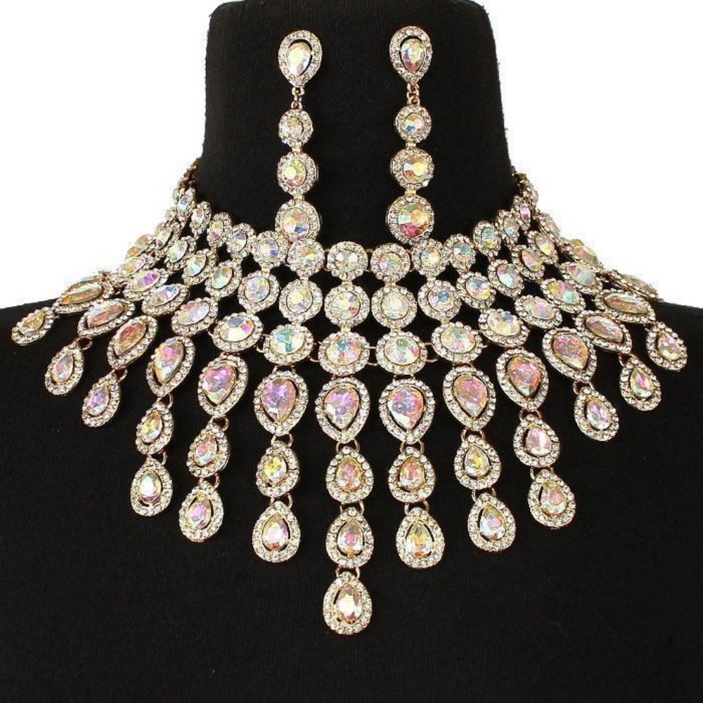 Elegant Gold & Abalone Crystal Choker Necklace Set Waterfall Statement Jewelry